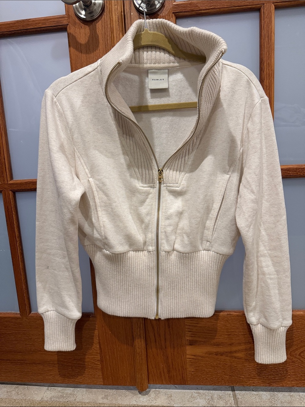 Varley Cream Ribbed Zip-Up Bomber Jacket